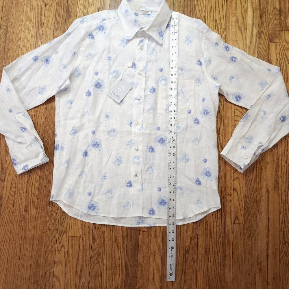 Gran Sasso Mens Linen Button Down Shirt Size 52 NEW White Floral Luxury - Picture 5 of 9